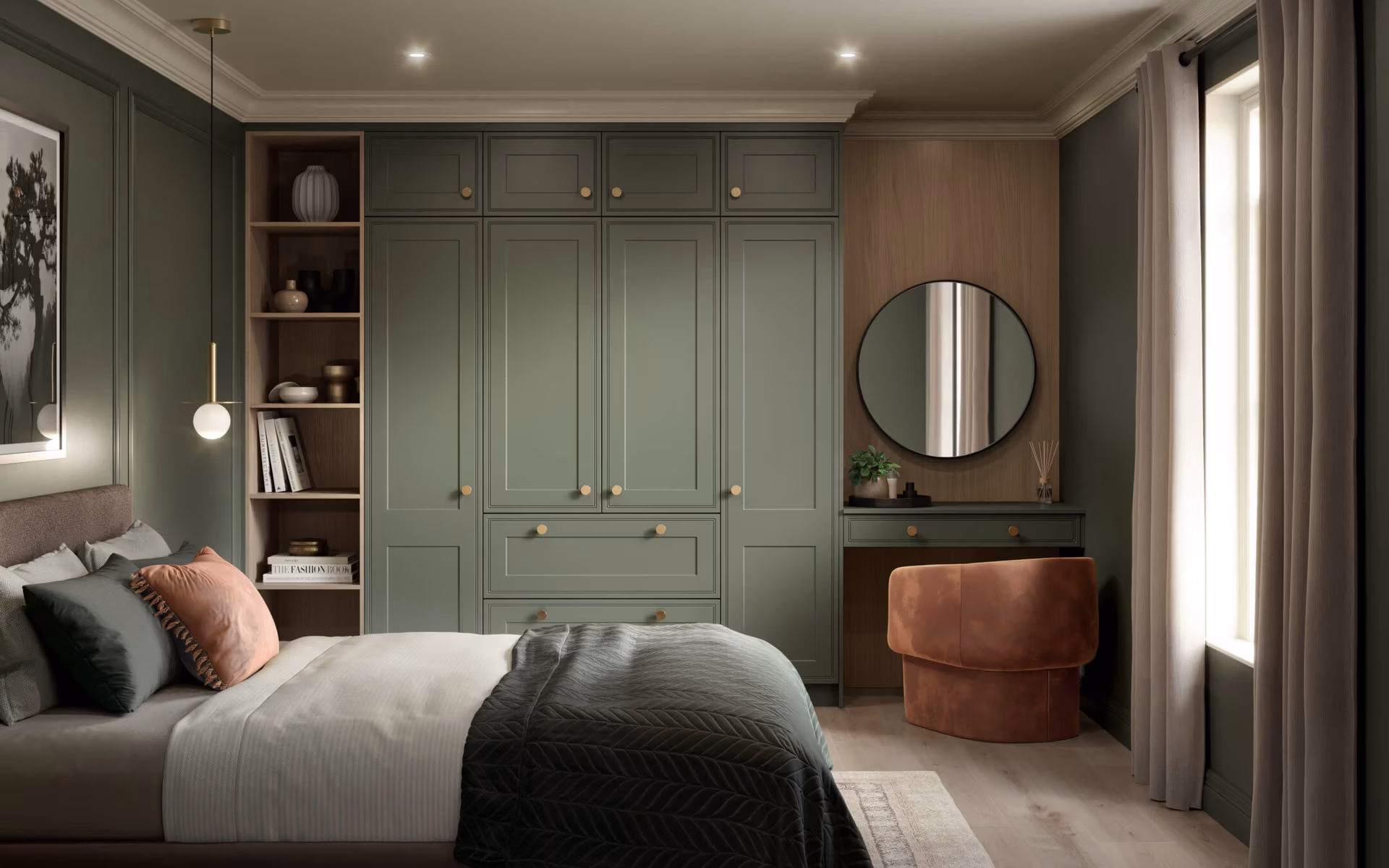 Fitted Wardrobes Edinburgh - Bella, Tullymore Style - Supermatt Smoke Green/Urban Oak